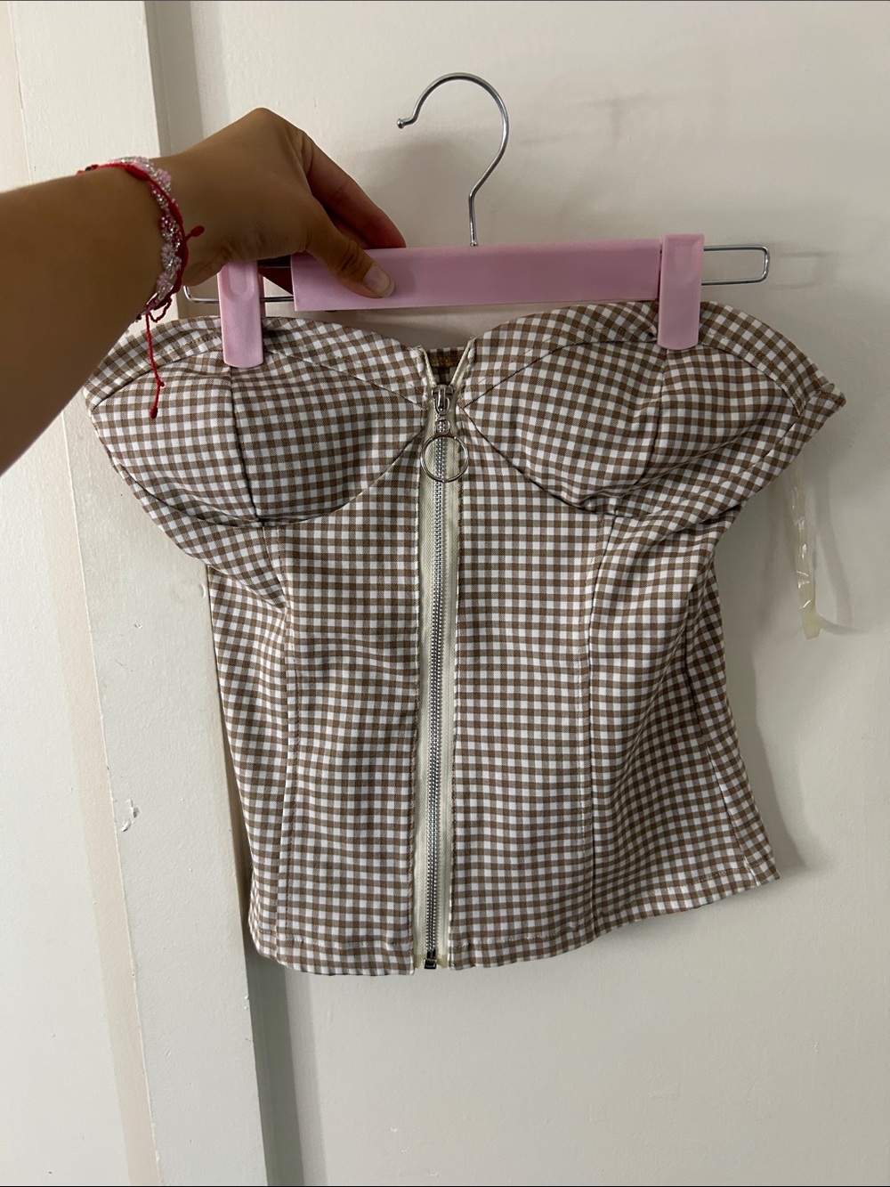 Gingham Strapless Bustier Camisole in Brown